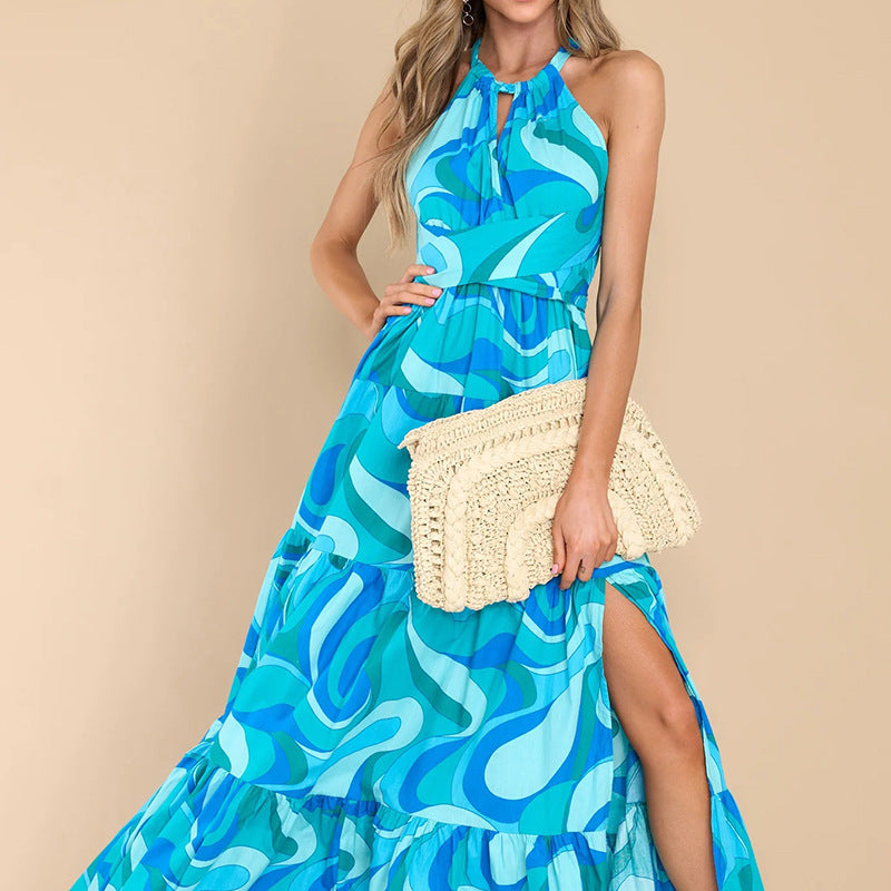 Summer Women's Fashion Print Halter Neck Sexy Backless Ruffled Swing Maxi Dress