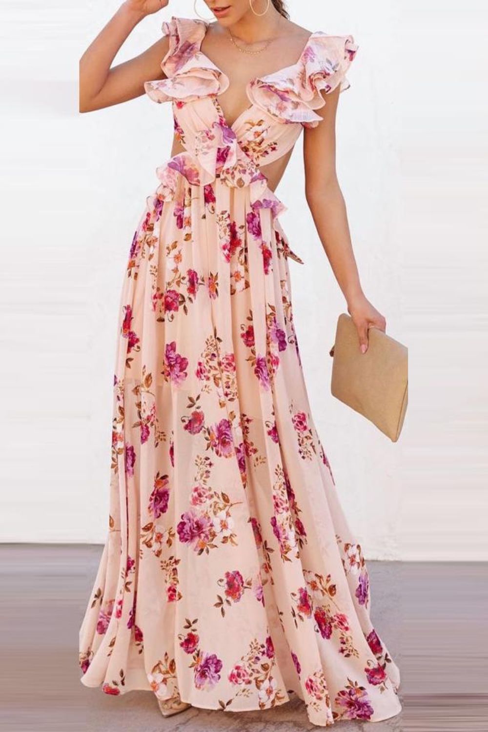 Summer Women's Floral Print Bohemian Fashion Casual V Neck Holiday  Maxi Dress