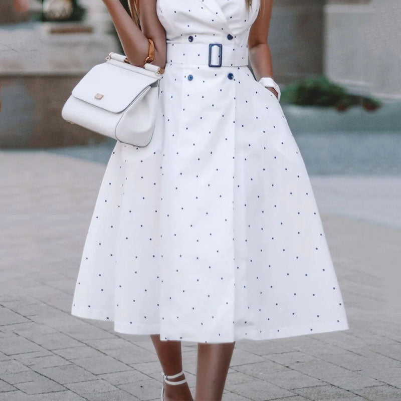 Summer Fashion Lapel Sleeveless Polka Dot Print Slit Slim Fit Office Maxi Dress