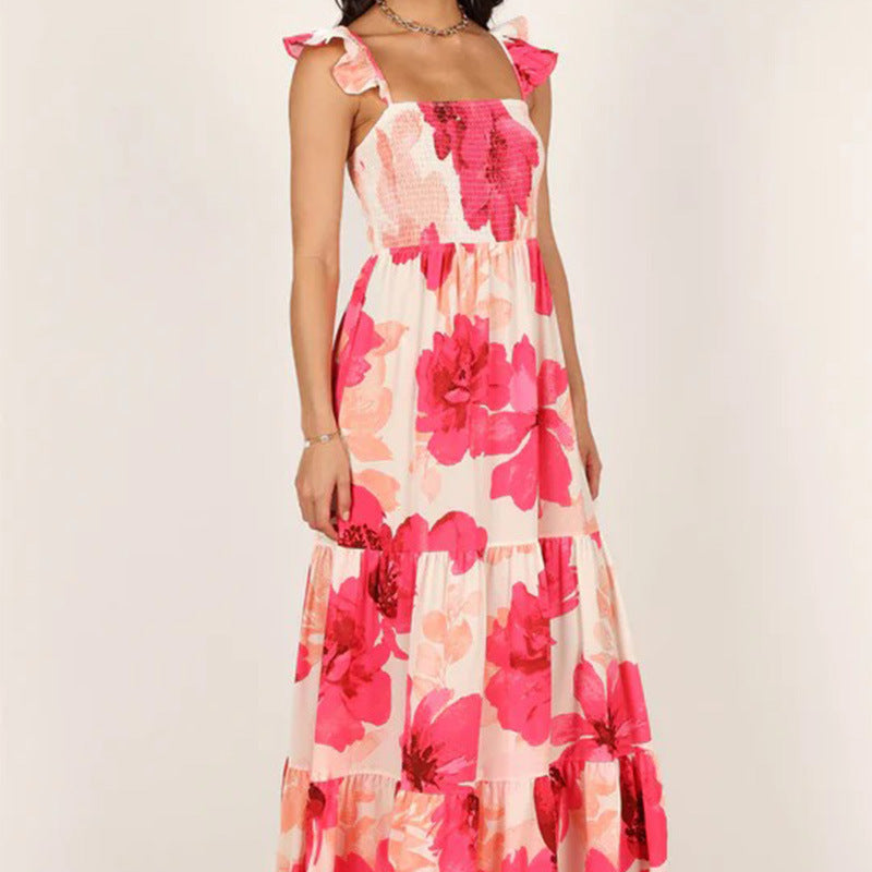 Women's Sexy Beach Bohemian Sleeveless Floral Print Slanted Neck Maxi Dress