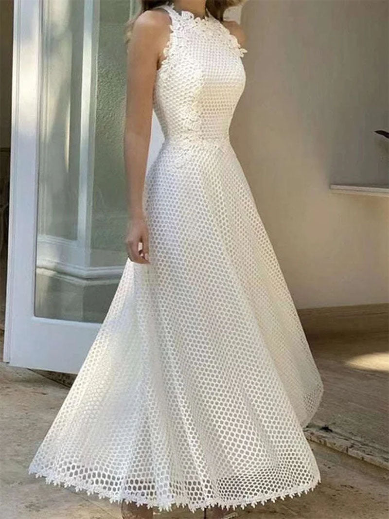 Temperament Fashion Party Elegant Lace Round Neck Swing Maxi Dress