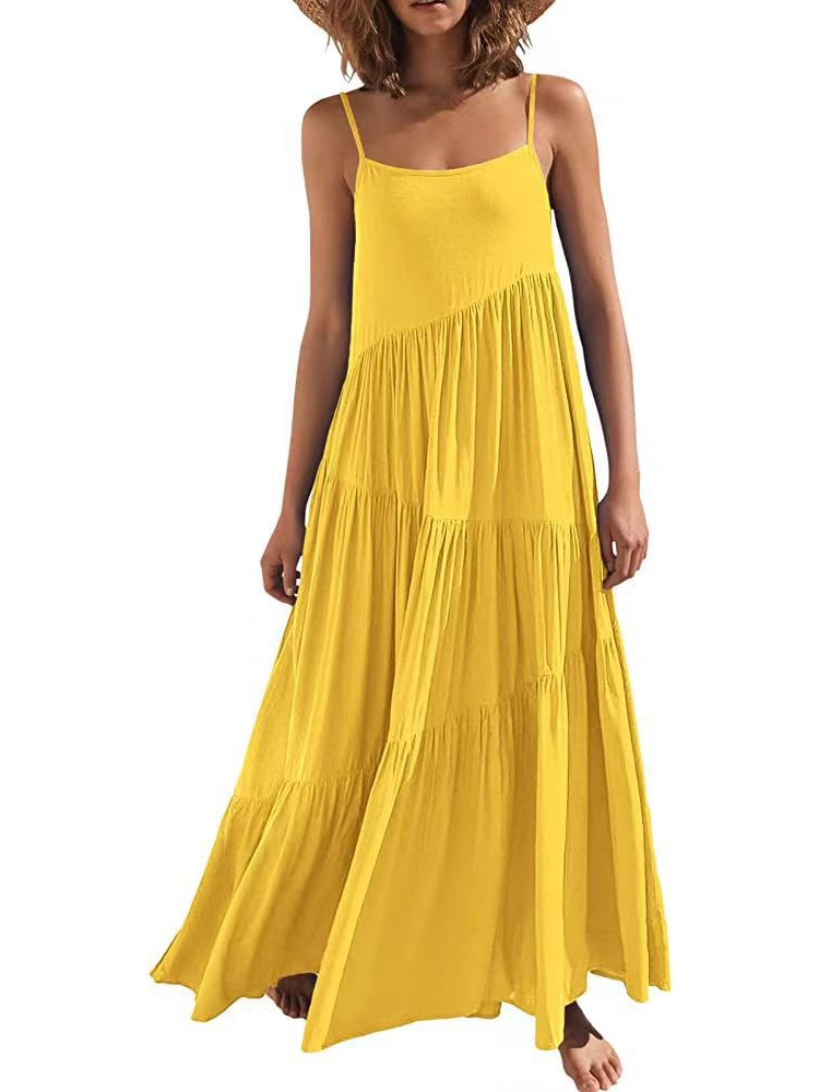 Summer Fashion Casual Solid Color Pleated Irregular Sling Maxi Dress