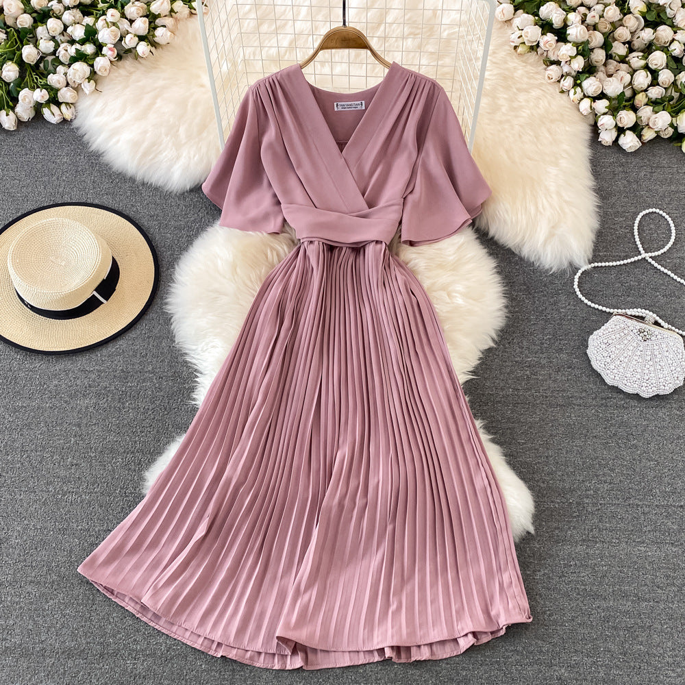 Women's Fashion Elegant Pleated Summer V Neck Vintage A-Line High Waist  Maxi Dress