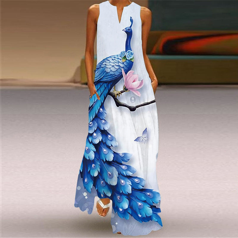 Women's Retro Print V-neck Multicolor Sexy Sleeveless  Maxi Dress