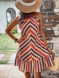 Striped Split-Joint Pleated Contrast Color Sleeveless Loose Halter-Neck Mini Dresses
