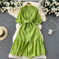 Women's Elegant V Neck Button Ruffle Puff Sleeve Fashion Maxi Dress
