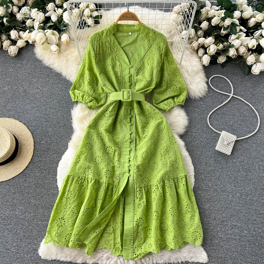 Women's Elegant V Neck Button Ruffle Puff Sleeve Fashion Maxi Dress