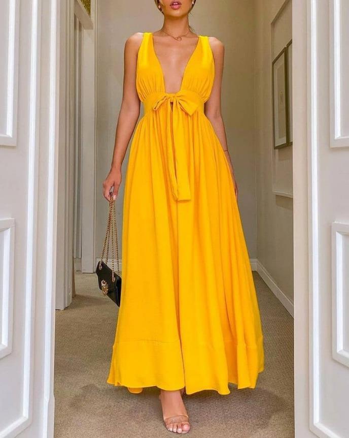Summer Fashion Solid Color Sexy Backless V Neck Sleeveless A-Line Maxi Dress