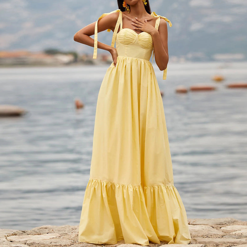 Fashion Slant Neck Draped Party Solid Color High Waist Off Shoulder Tie Pleated  Maxi Dress