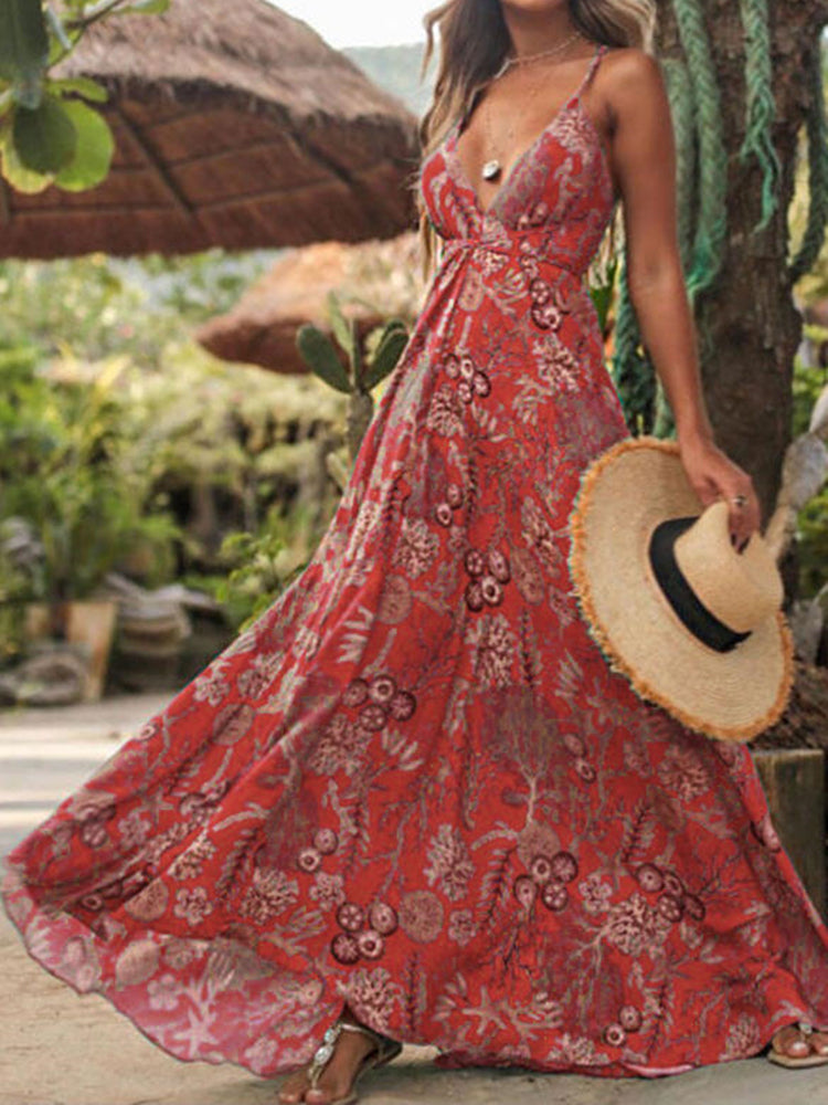 Summer Bohemian Vacation Fashion V Neck High Waist Halter Neck Beach Maxi Dress