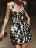 Retro Black and White Plaid Burlap Halter Neck Party Mini Dress