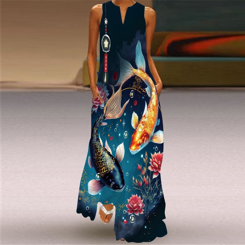 Fashion Sleeveless V Neck Casual Elegant Flower Print Vintage Maxi Dress