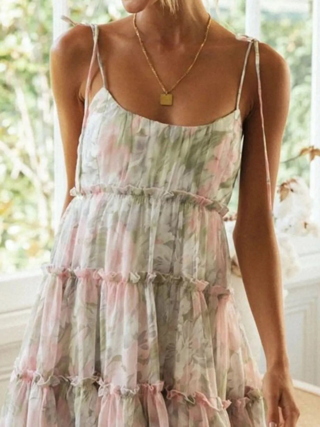 Printed Tie-Strap Tiered Mini Dress