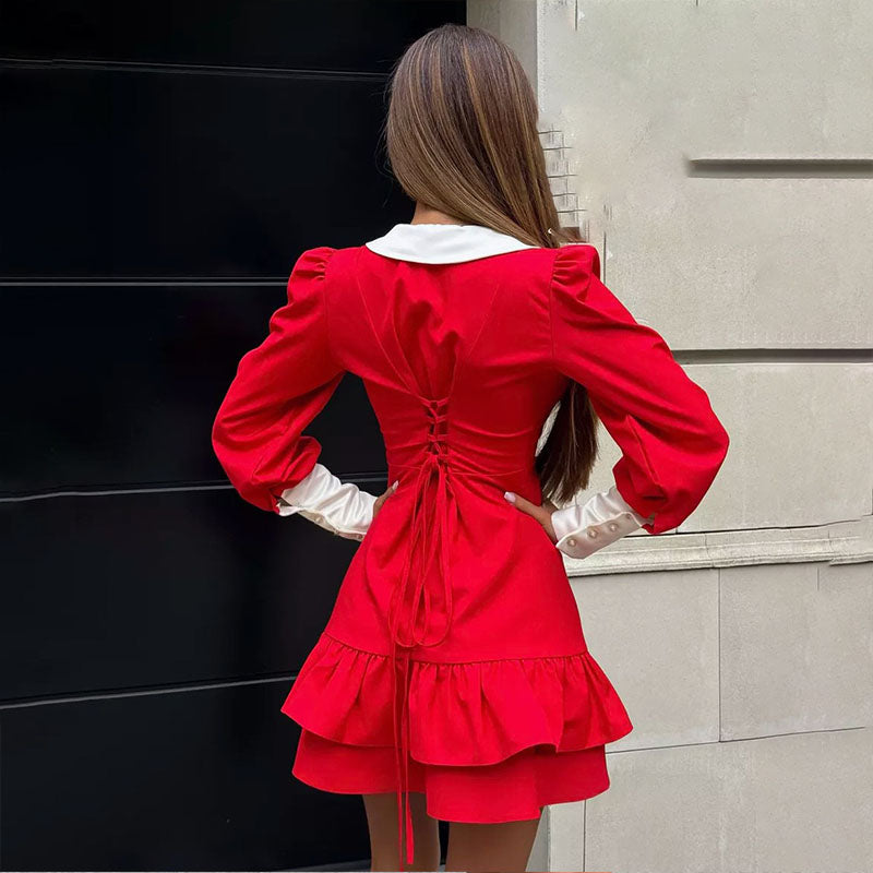 Fashion V-neck Button Slim Fit Short Dress Ruffle Edge Design Long Sleeved Autumn Women's Dress Casual Color Blocked Party Dress