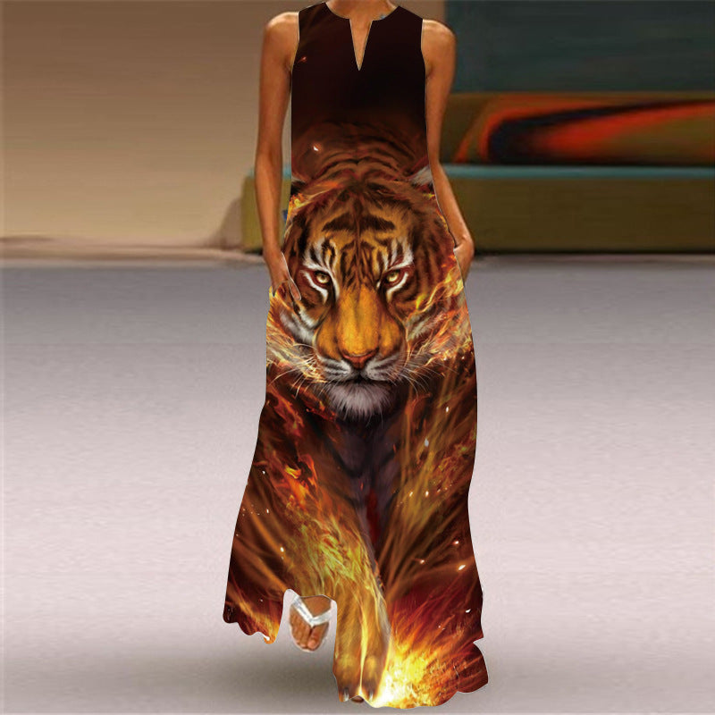 Women's Retro Print V-neck Multicolor Sexy Sleeveless  Maxi Dress