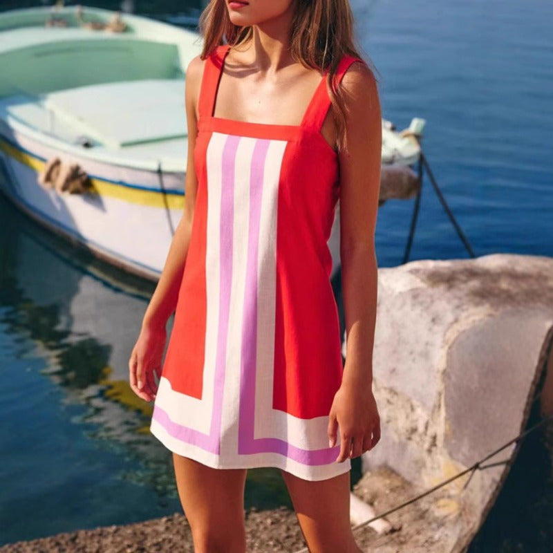 2025 Summer Women's Color Block Square Neck Sleeveless Mini Dress - Strappy Short Sundress Casual Party Chic