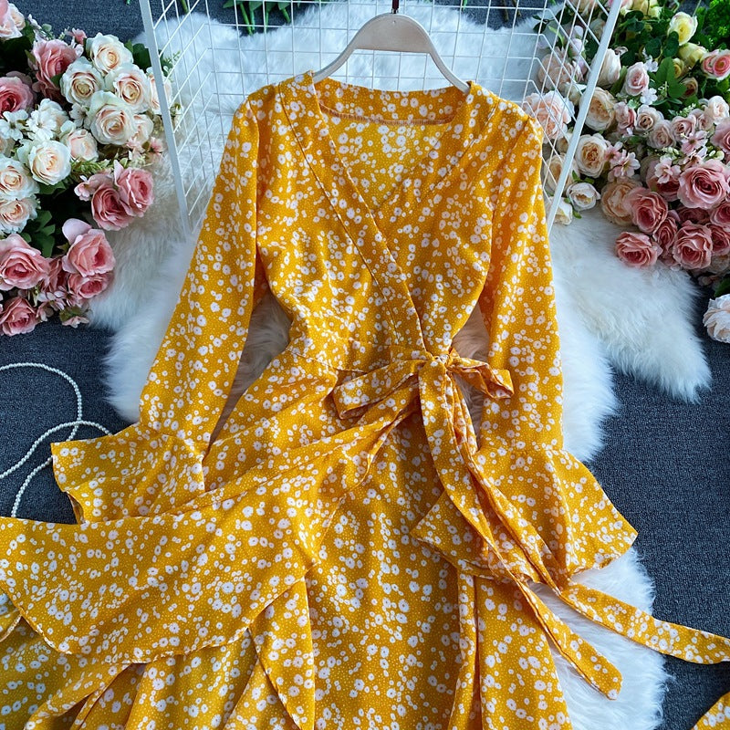 Casual V Neck Long Sleeve Vintage Elegant Oversized Hem Floral Ruffle Party Maxi Dress