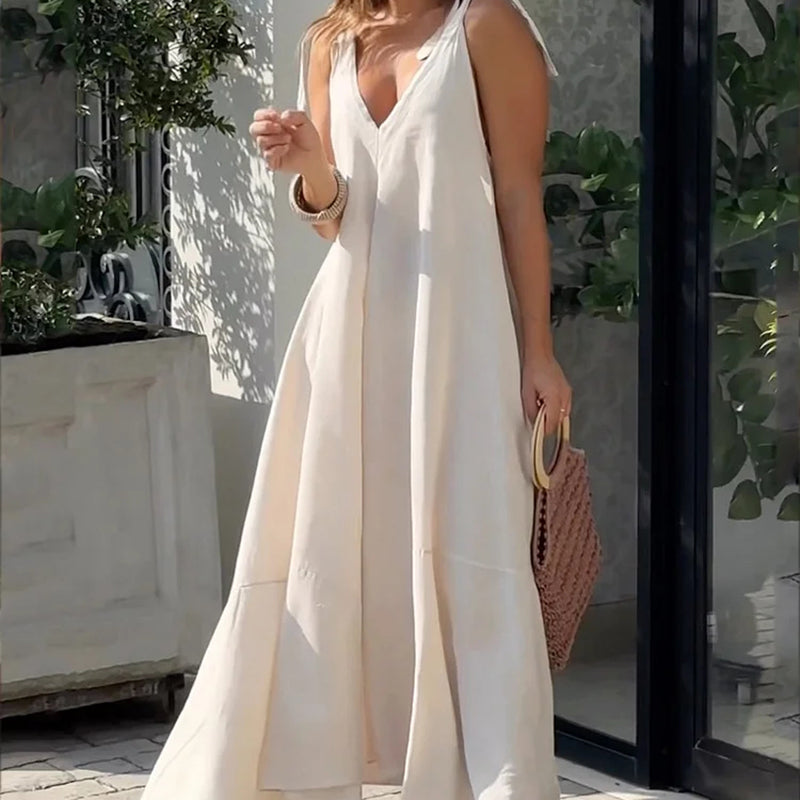 Women's Sexy Fashion Elegant Pleated Solid Color V-Neck Solid Maxi Dress