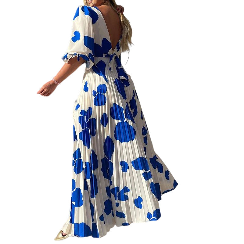Summer Bohemian Elegant Party Fashion V Neck Long Sleeve Printed Maxi Dress