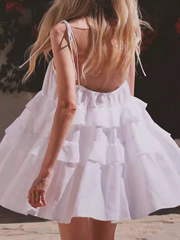 Solid Color Pleated Layered Backless Sleeveless Loose Spaghetti-Neck Mini Dresses