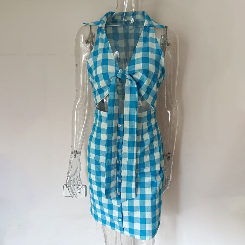 Ardm Elegant Halter Plaid Summer Short Dresses For Women 2023 Sexy Hollow Out Lace Up Sleeveless Slim White Mini Dress Vestidos