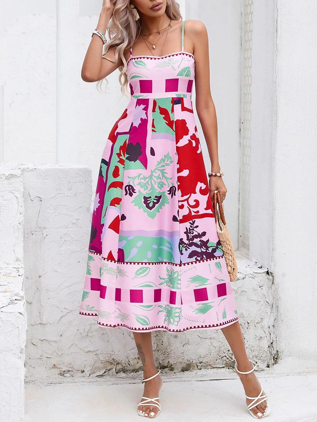 Women's Sexy Printed Sling Sleeveless Fashion Party Swing  Maxi Dress