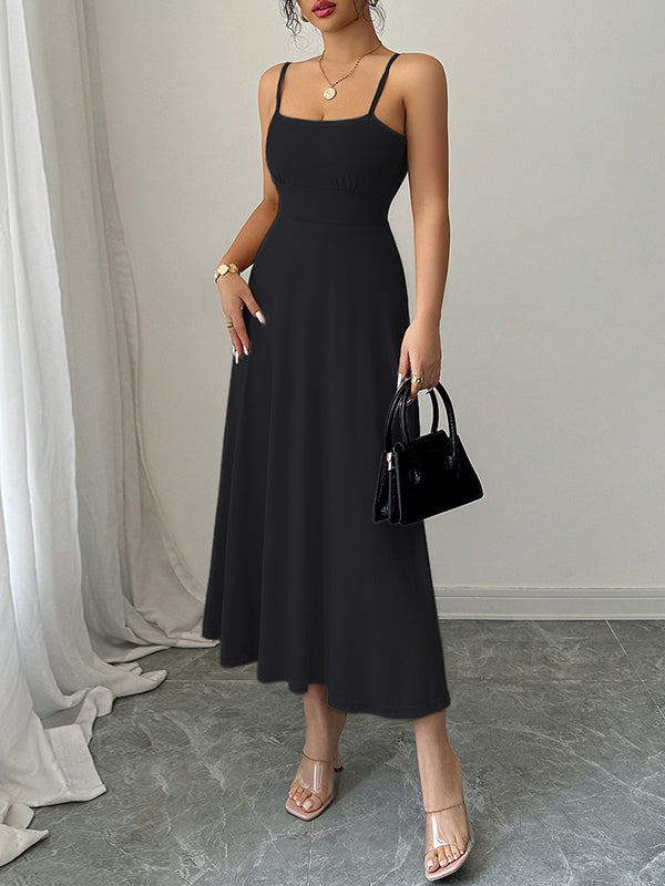 Backless Pleated Solid Color A-Line High Waisted Spaghetti-Neck Midi Dresses