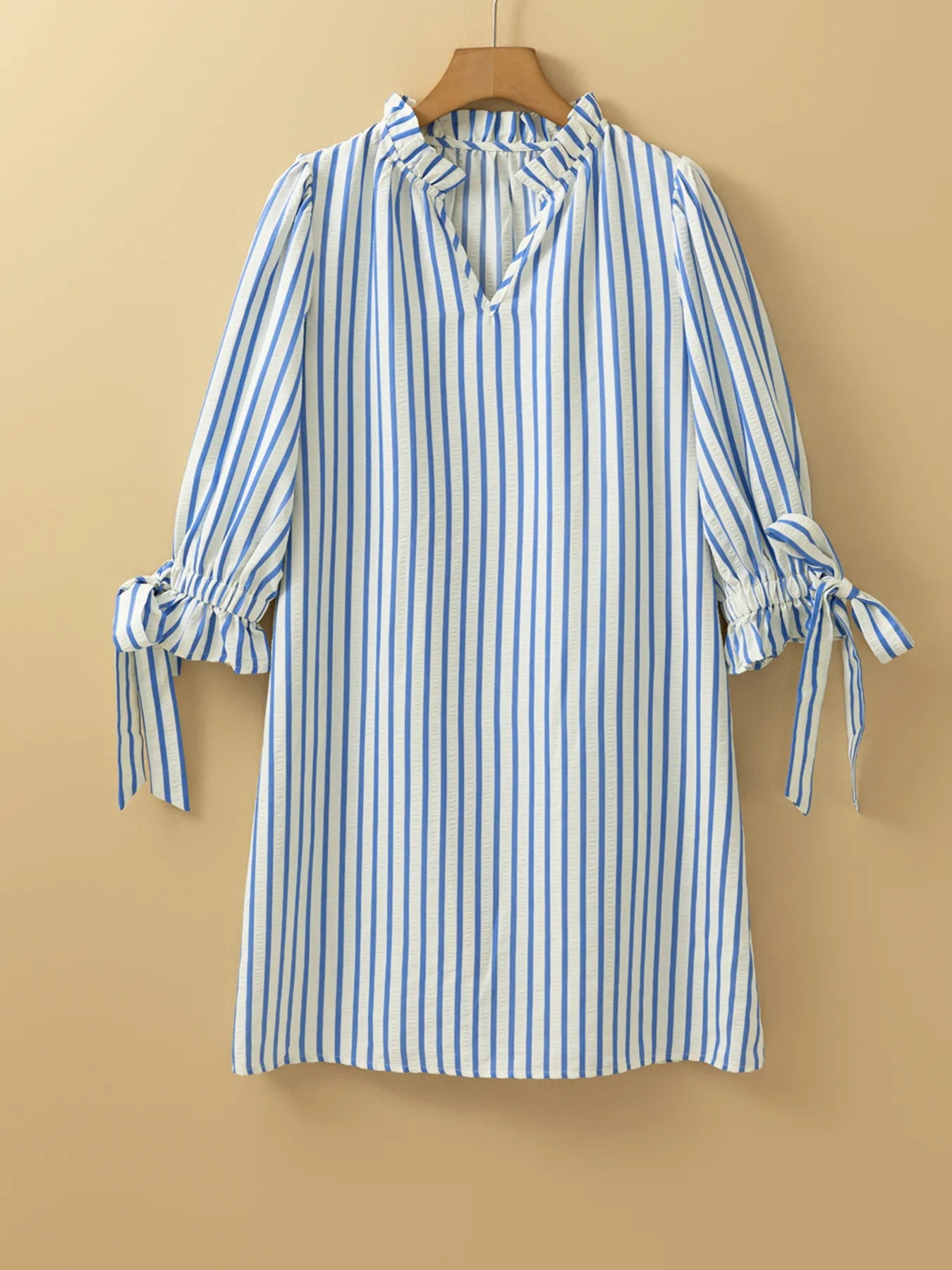 Stripe Knotted Sleeve Notched Shift Mini Dress