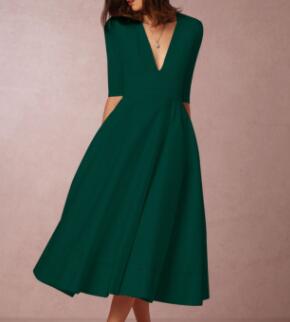 Deep V Neck Party Half Sleeves Sexy Solid Elegant Office Vintage A-Line Dress