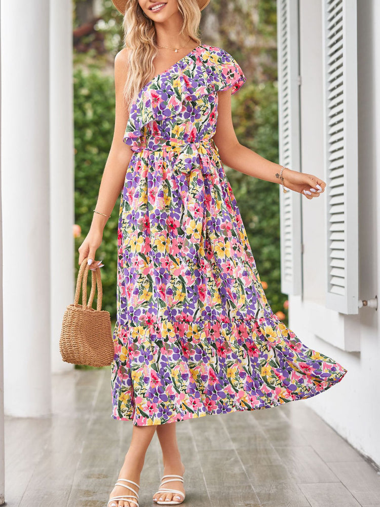 Women's Fashion Floral Ruffles Slanting Shoulder Sexy  Swing  Maxi Dress