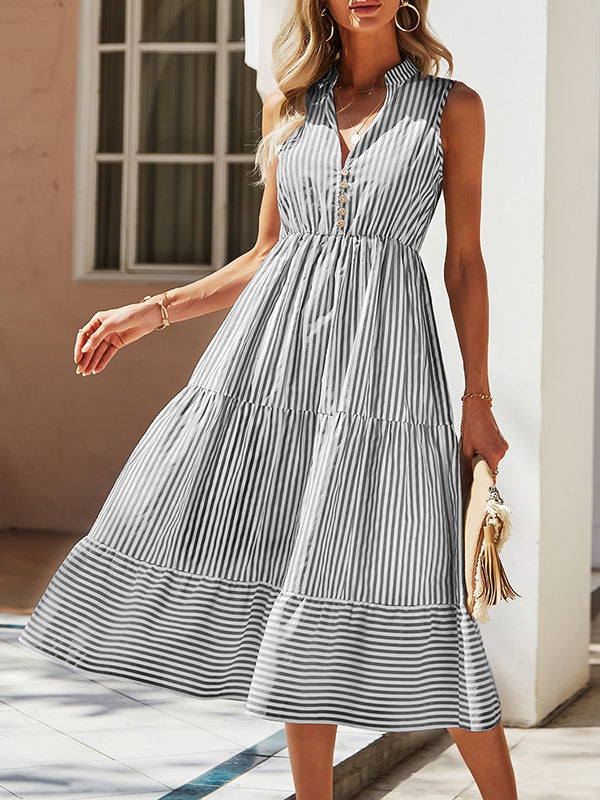 A-Line High Waisted Buttoned Split-Joint Striped V-Neck Midi Dresses