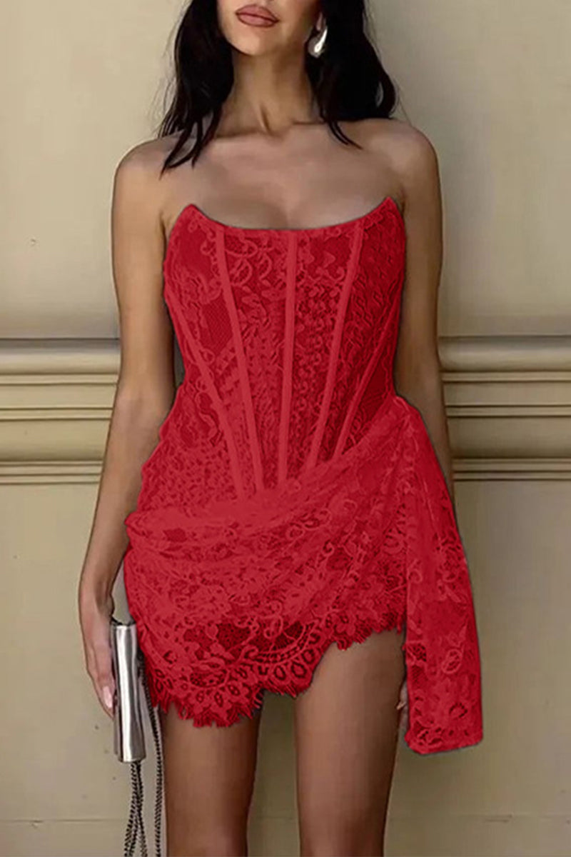 Sexy Lace Ruched Irregular U Neck Lace Dress Dresses(3 Colors)