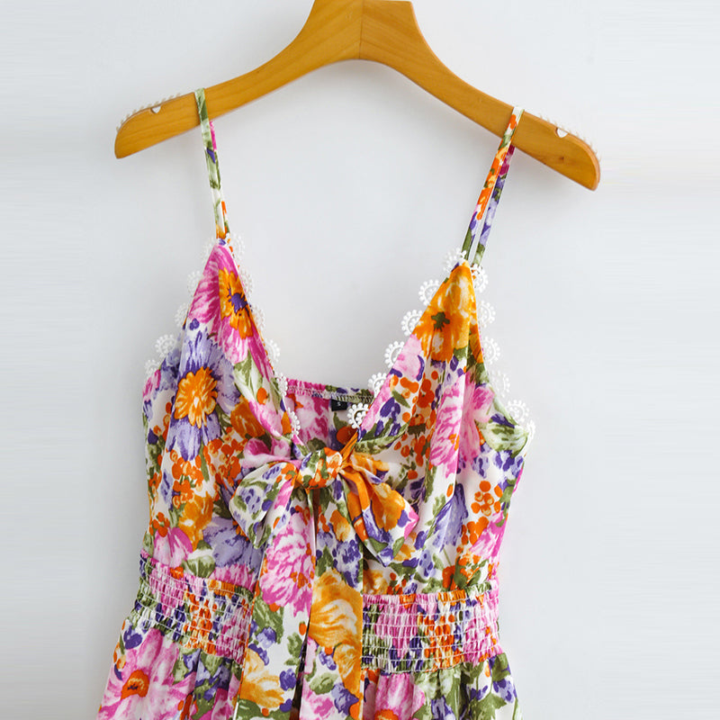 Women's Floral Lace Mini Dress – Sleeveless Backless Pleated Party Dress