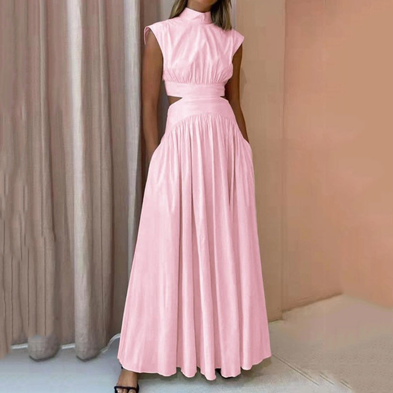 Fashion High Neck Solid Color Casual Sleeveless Hollow Out Office Elegant Pleated Party  Maxi Dress