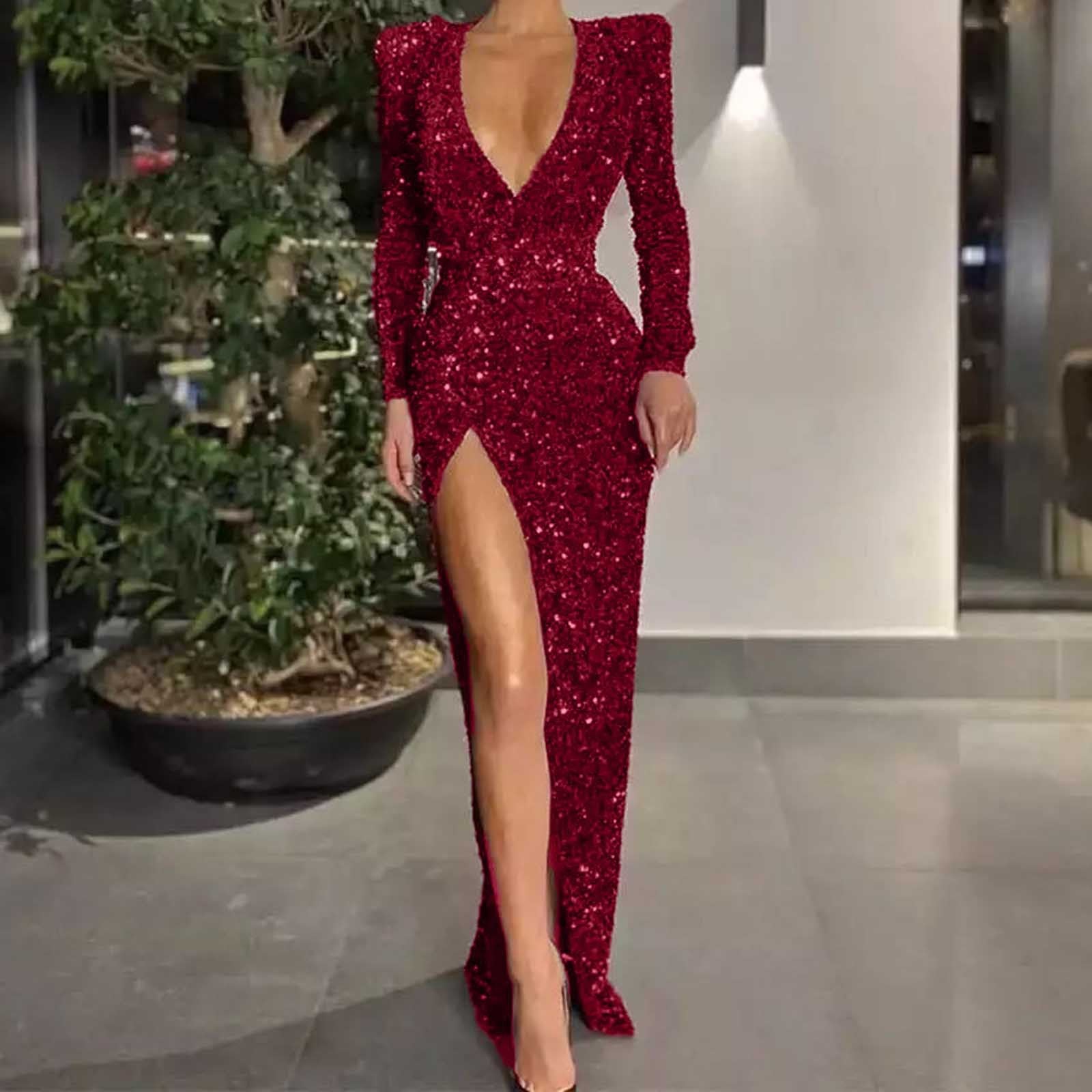 Stylish Elegant Luxurious Deep V Long Sleeve Sequin Slit Formal Wedding Maxi Dress