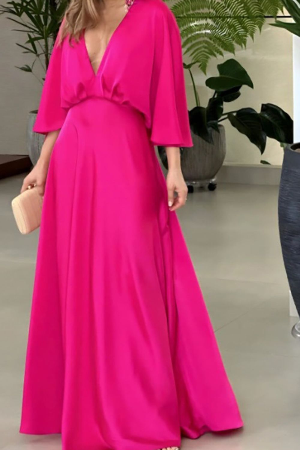 Fashion Solid Color Sexy V Neck Batman Sleeves Elegant Party Swing Maxi Dress
