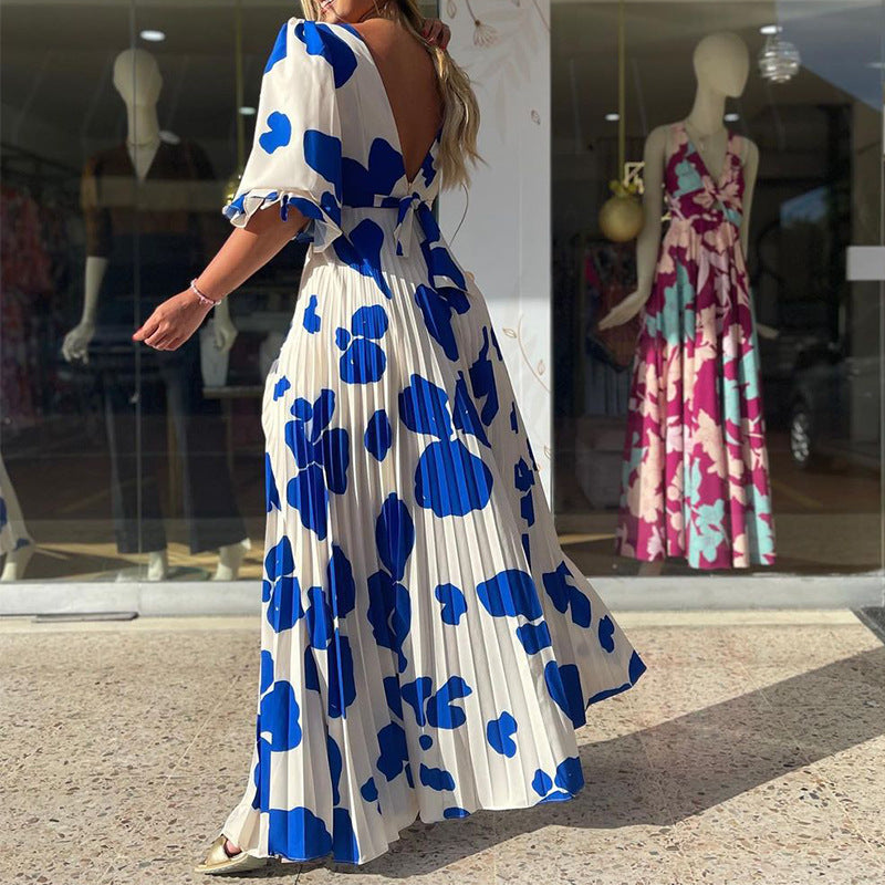 Summer Bohemian Elegant Party Fashion V Neck Long Sleeve Printed Maxi Dress