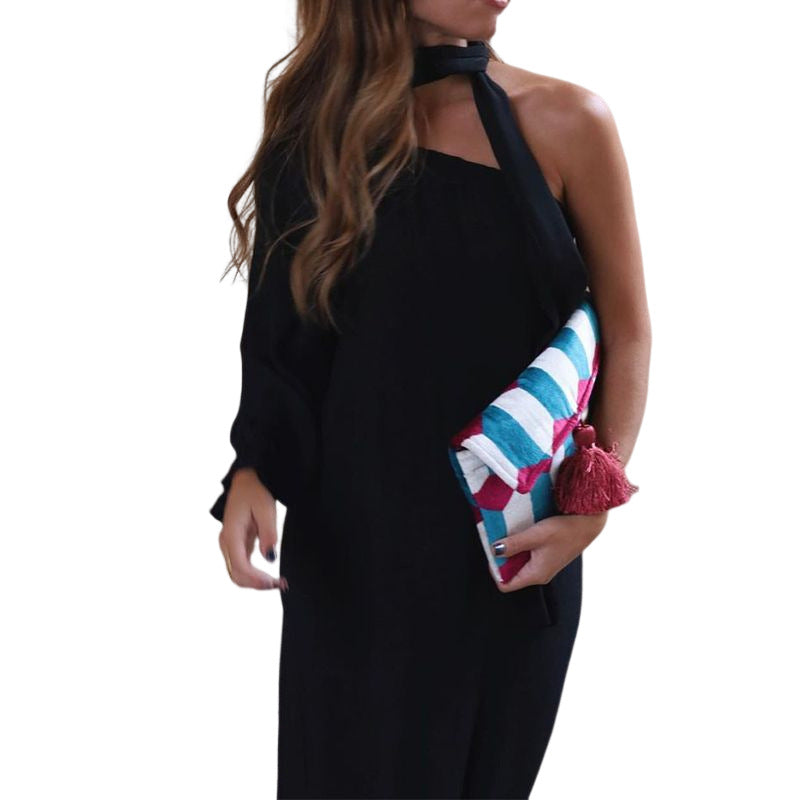 Women's Fashionable Pure Color Slanted Shoulder Sleeve Maxi Dresses