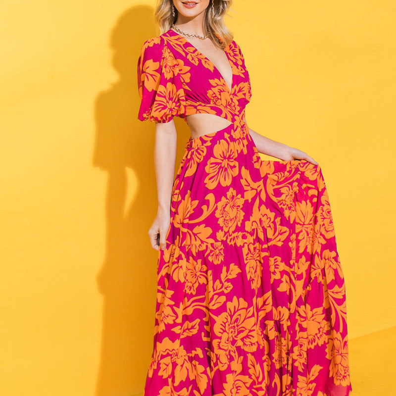 Women Summer Fashion Party Print Sexy Backless Tie Pleated Swing Maxi Dress