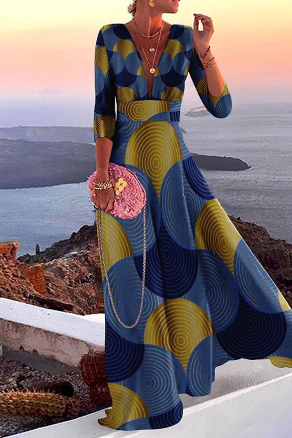 Fashion Stitching Strapless Slanted Shoulder Elegant Party Print  Maxi Dress