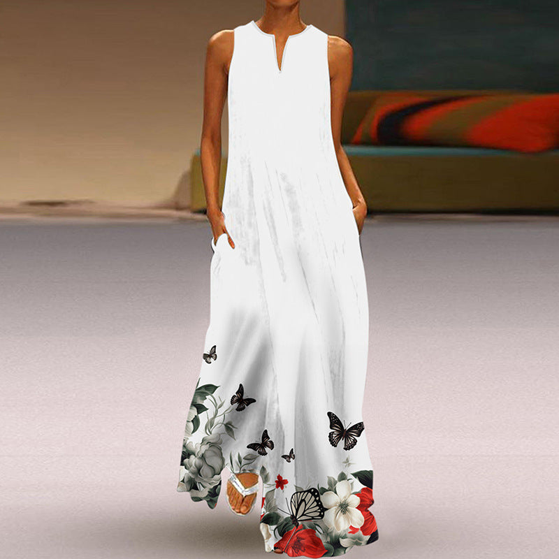 Summer Women Fashion Elegant Sleeveless V Neck Print Sexy Maxi Dress
