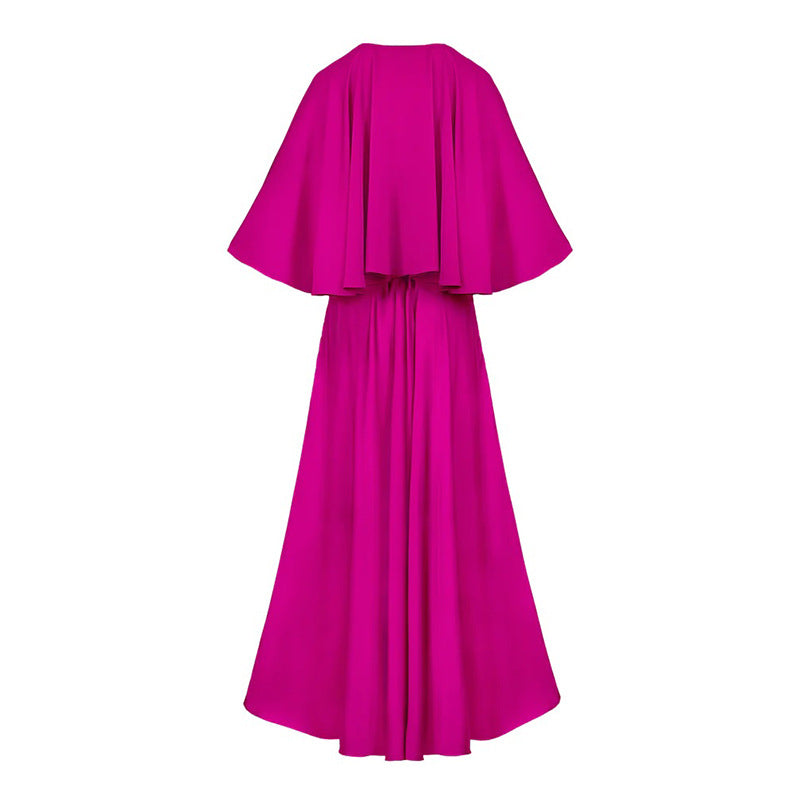 Fashion Solid Color Sexy V Neck Batman Sleeves Elegant Party Swing Maxi Dress