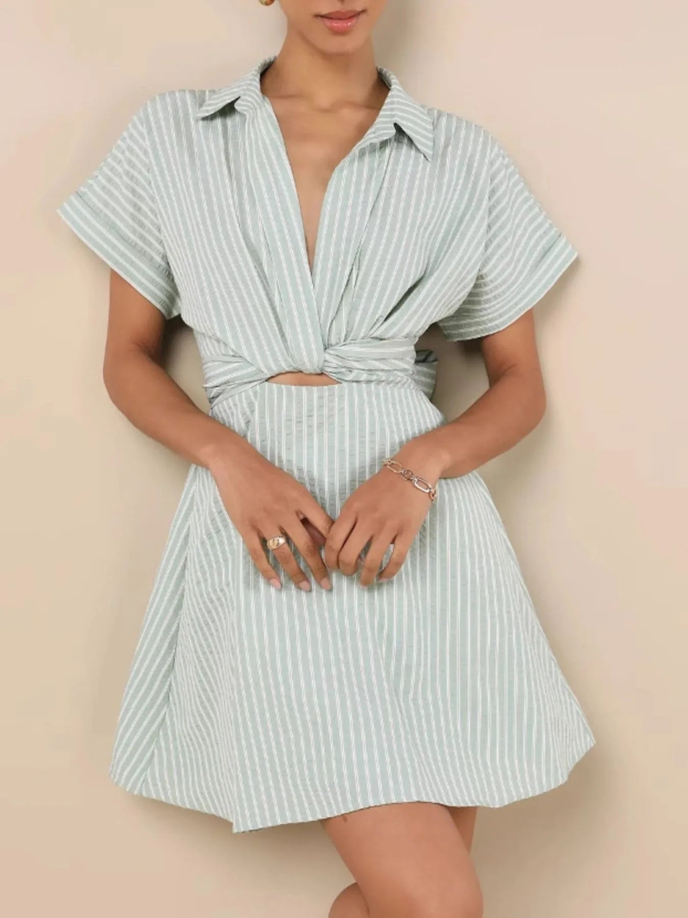 Striped Cutout Front Short Sleeve Shirt Dress
