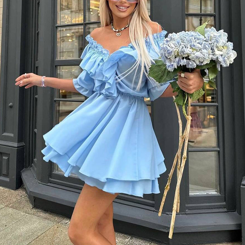 Summer Ruffles Beach Vacation Short Dress Elegant Solid Color Slim Women's Dress Temperament High Waist Slash Collar Party Dress