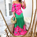 Women's Sexy Off Shoulder Print Hollow Lace Up Party Elegant Maxi Dress