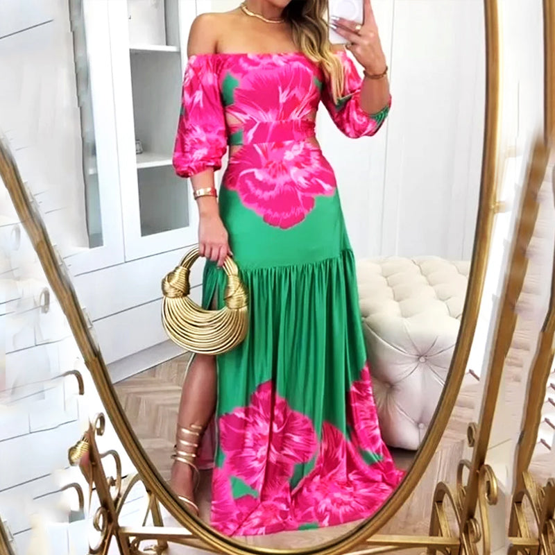 Women's Sexy Off Shoulder Print Hollow Lace Up Party Elegant Maxi Dress