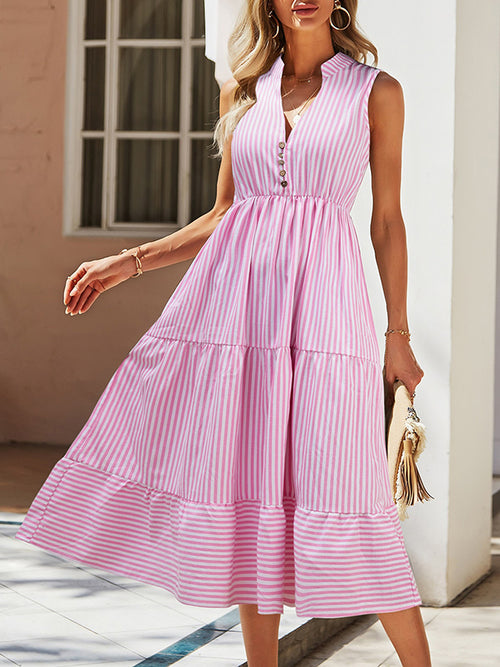 A-Line High Waisted Buttoned Split-Joint Striped V-Neck Midi Dresses