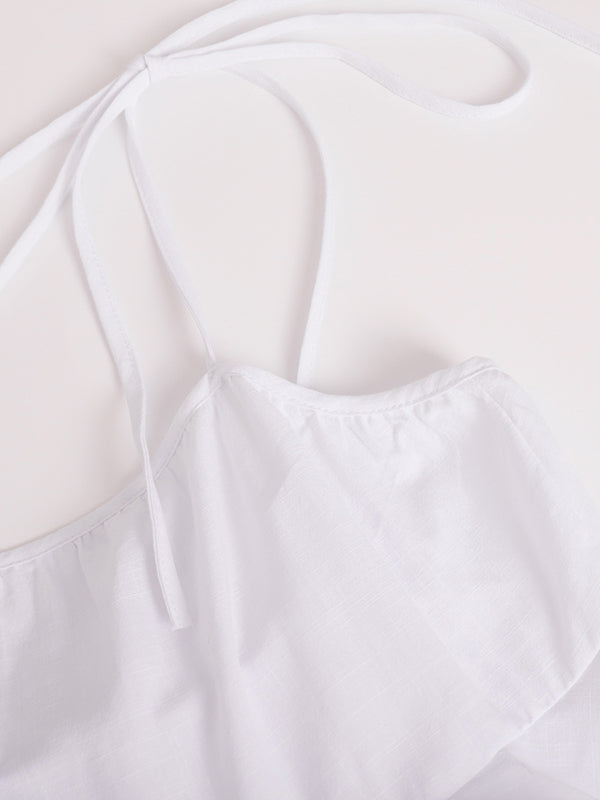 Solid Color Pleated Layered Backless Sleeveless Loose Spaghetti-Neck Mini Dresses