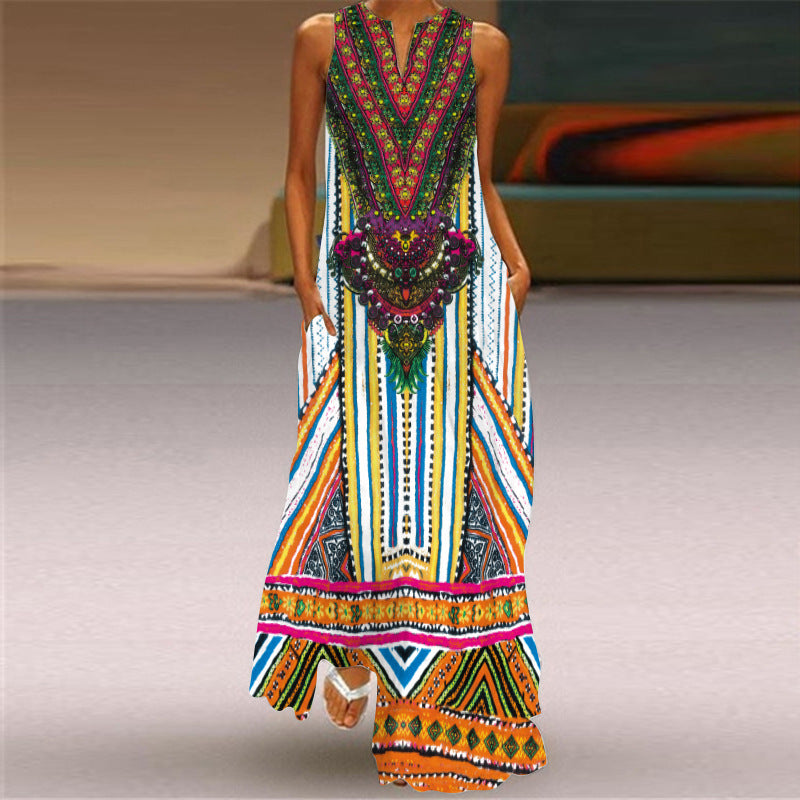 Vintage Print V Neck Sleeveless Sexy Casual Maxi Dress