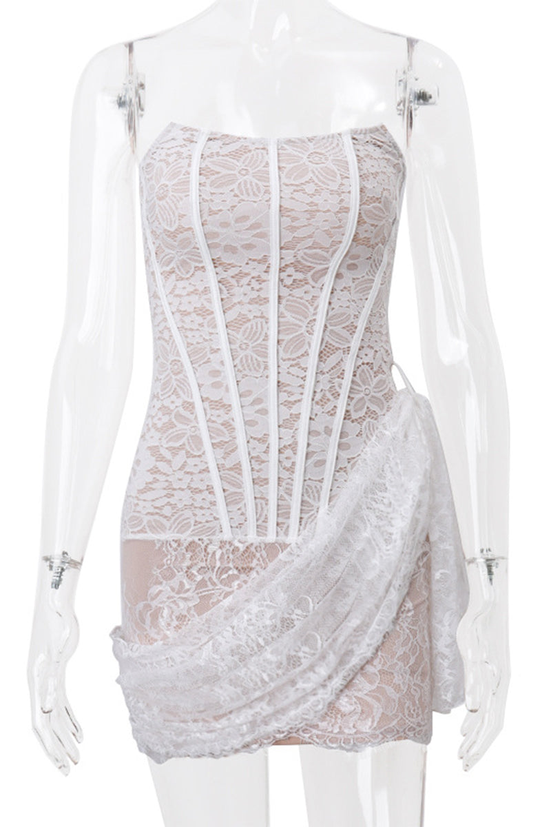 Sexy Lace Ruched Irregular U Neck Lace Dress Dresses(3 Colors)